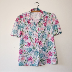Vintage 80’s floral‎ silky poly button up blouse top M barbiecore